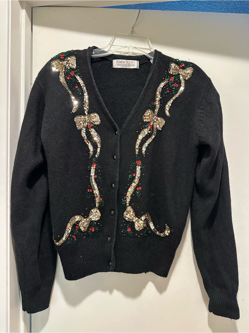 Vintage Karen Scott Black Bow-Accent Cardigan Sweater Size Medium Holidays